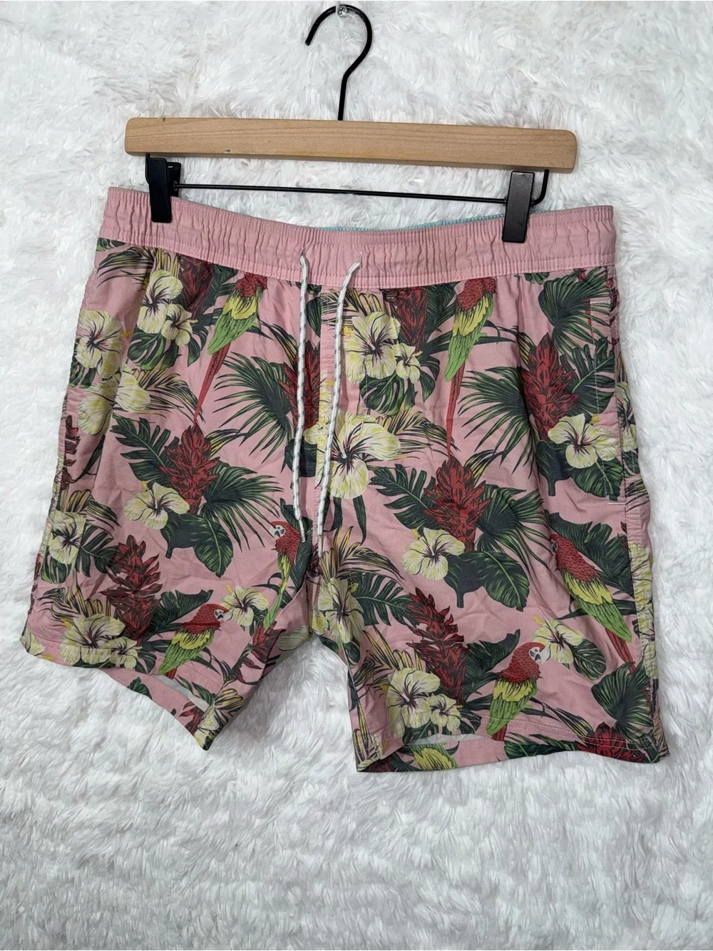 Tropical Hibiscus Flower Parrot Print Swim Trunks Hoochie Daddy Shorts Resort